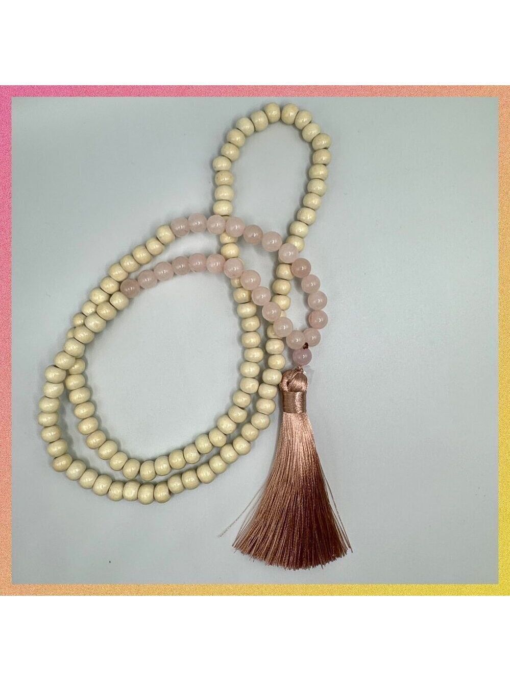 Handmade Boho Tassel Necklace with Wooden & Pink Stone Beads – 34” Long #1504